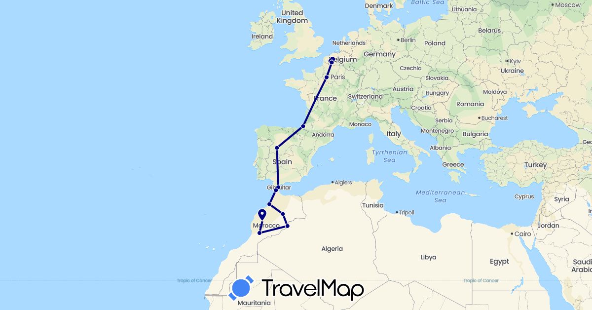 TravelMap itinerary: driving in Spain, France, Morocco (Africa, Europe)